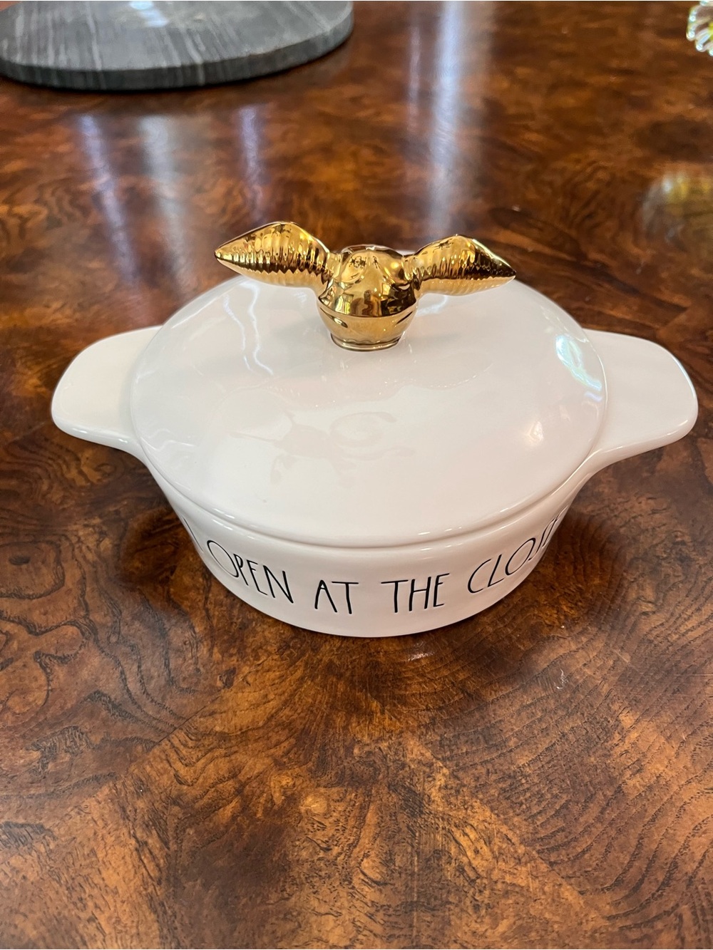 Rae Dunn White Ceramic Covered Dish with Gold Handle